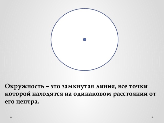 Окружность – это замкнутая линия, все точки которой находятся на одинаковом расстоянии от его центра. 