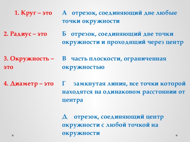 1. Круг – это   А отрезок, соединяющий две любые точки окружности 2. Радиус – это   Б отрезок, соединяющий две точки окружности и проходящий через центр 3. Окружность – это В часть плоскости, ограниченная окружностью    4. Диаметр – это   Г замкнутая линия, все точки которой находятся на одинаковом расстоянии от центра      Д отрезок, соединяющий центр окружности с любой точкой на окружности 