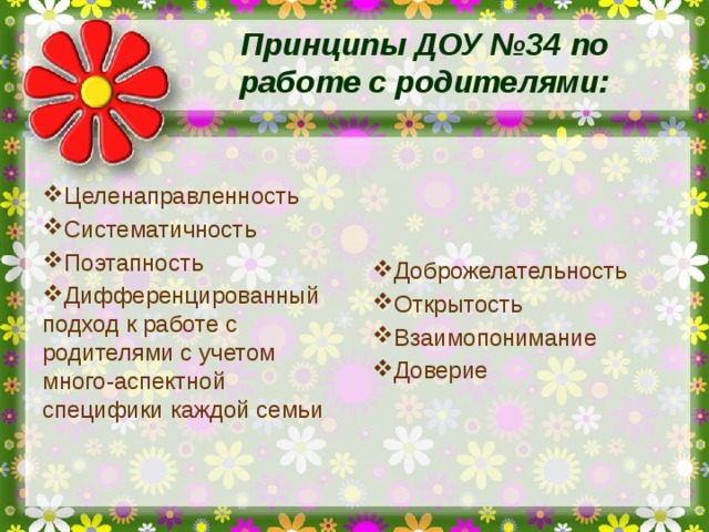 Принципы ДОУ №34 по работе с родителями: Целенаправленность Систематичность Поэтапность Дифференцированный подход к работе с родителями с учетом много-аспектной специфики каждой семьи Доброжелательность Открытость Взаимопонимание Доверие 