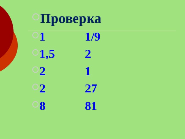 Проверка 1      1/9 1,5     2 2      1 2      27 8      81  