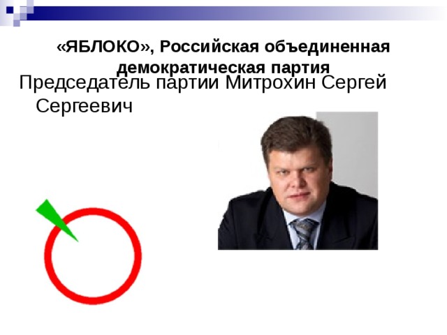 «ЯБЛОКО», Российская объединенная демократическая партия Председатель партии Митрохин Сергей Сергеевич 