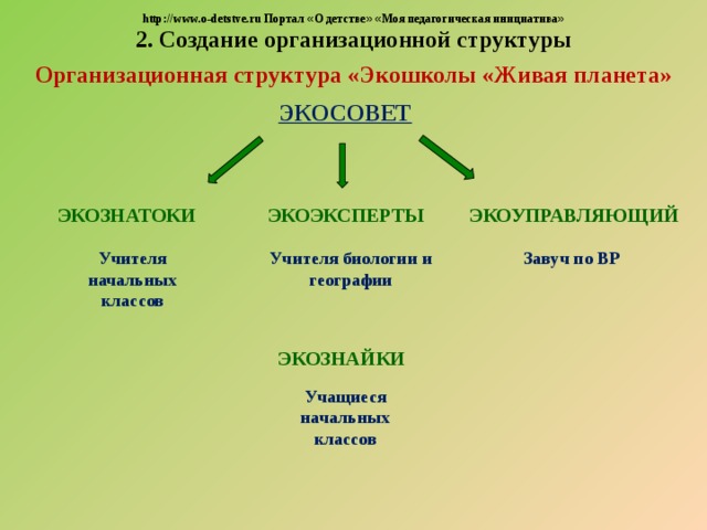  http://www.o-detstve.ru Портал « О детстве »  « Моя педагогическая инициатива » 2. Создание организационной структуры  Организационная структура «Экошколы «Живая планета»   ЭКОСОВЕТ     ЭКОЗНАТОКИ  ЭКОЭКСПЕРТЫ ЭКОУПРАВЛЯЮЩИЙ  Учителя начальных классов Завуч по ВР Учителя биологии и географии ЭКОЗНАЙКИ  Учащиеся начальных классов  