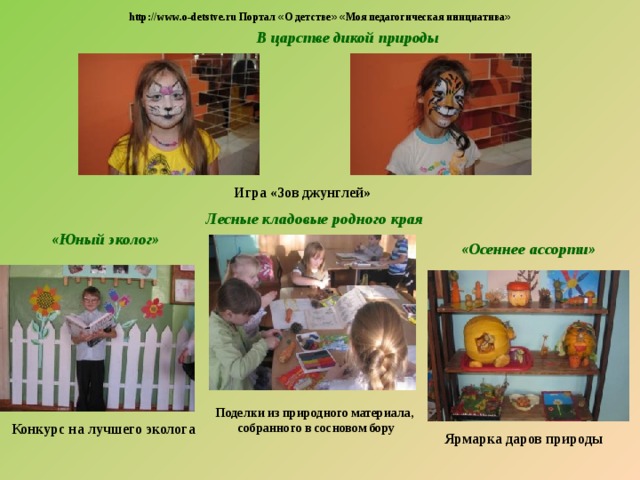 http://www.o-detstve.ru Портал « О детстве »  « Моя педагогическая инициатива » В царстве дикой природы Игра «Зов джунглей» Лесные кладовые родного края «Юный эколог»  «Осеннее ассорти» Поделки из природного материала, собранного в сосновом бору Конкурс на лучшего эколога Ярмарка даров природы 