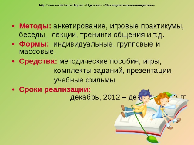 http://www.o-detstve.ru Портал « О детстве »  « Моя педагогическая инициатива » Методы:  анкетирование, игровые практикумы, беседы, лекции, тренинги общения и т.д. Формы:  индивидуальные, групповые и массовые. Средства:  методические пособия, игры,  комплекты заданий, презентации,  учебные фильмы Сроки реализации: декабрь, 2012 – декабрь, 2013 гг. 