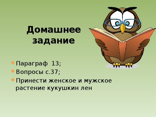 Домашнее задание Параграф 13; Вопросы с.37; Принести женское и мужское растение кукушкин лен 