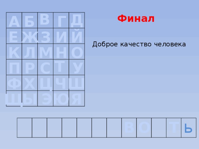  В Д Б Г Финал А Е И Й З Ж Доброе качество человека Л К Н О М Т Р С У П Ф Ч Ш Х Ц Ы Э Ю Я Щ ь В О Т  