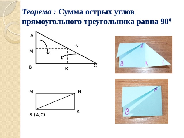 Теорема : Сумма острых углов прямоугольного треугольника равна 90 0 А N М С В К М N К В (А,С) 