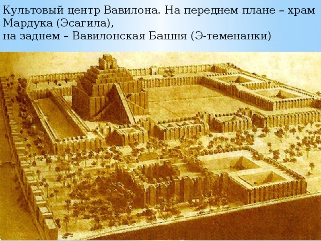 Культовый центр Вавилона. На переднем плане – храм Мардука (Эсагила), на заднем – Вавилонская Башня (Э-теменанки) 