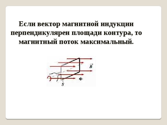 Если вектор магнитной индукции перпендикулярен площади контура, то магнитный поток максимальный. 