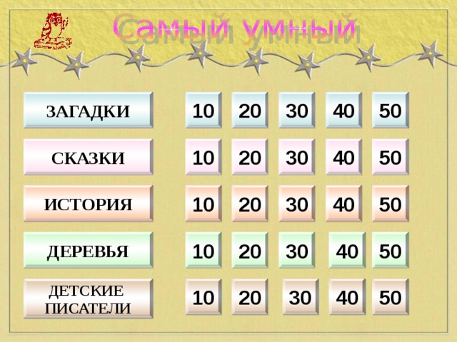 ЗАГАДКИ 30 20 50 10 40 СКАЗКИ 50 40 30 20 10 ИСТОРИЯ 20 30 40 50 10 ДЕРЕВЬЯ 40 50 30 10 20 ДЕТСКИЕ ПИСАТЕЛИ 10 20 30 40 50  