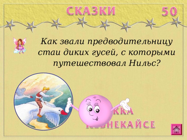 Как звали предводительницу стаи диких гусей, с которыми путешествовал Нильс? 