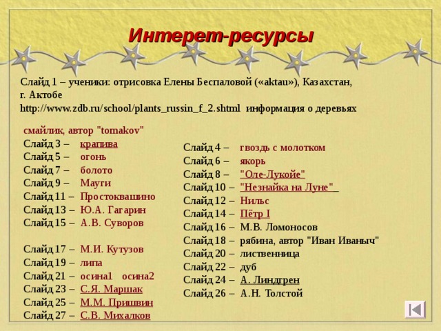Интерет-ресурсы Слайд 1 – ученики: отрисовка Елены Беспаловой (« aktau »), Казахстан, г. Актобе http://www.zdb.ru/school/plants_russin_f_2.shtml информация о деревьях смайлик, автор 