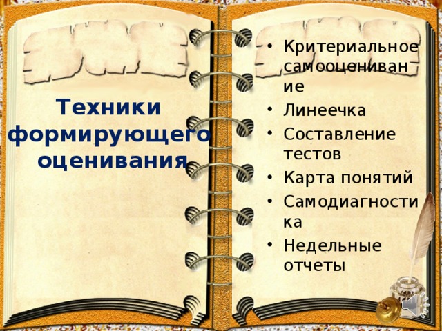 Критериальное самооценивание Линеечка Составление тестов Карта понятий Самодиагностика Недельные отчеты Техники формирующего оценивания 