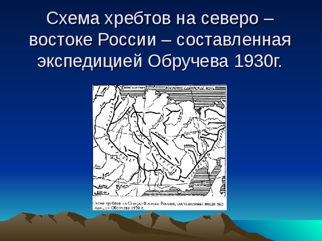 Схема хребтов на северо –востоке России – составленная экспедицией Обручева 1930г. 