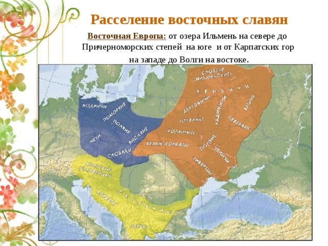  Расселение восточных славян  Восточная Европа:  от озера Ильмень на севере до Причерноморских степей на юге и от Карпатских гор  на западе до Волги на востоке . Расселение славян 