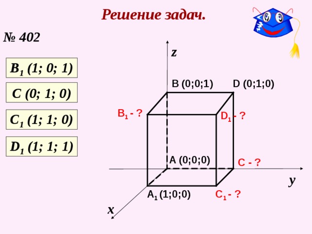 Решение задач. № 402 z В 1 (1; 0; 1) B (0;0;1) D (0;1;0) С (0; 1; 0) B 1 - ? D 1 - ? С 1 (1; 1; 0) D 1 (1; 1; 1) A (0;0;0) C - ? у C 1 - ? A 1 (1;0;0) х 