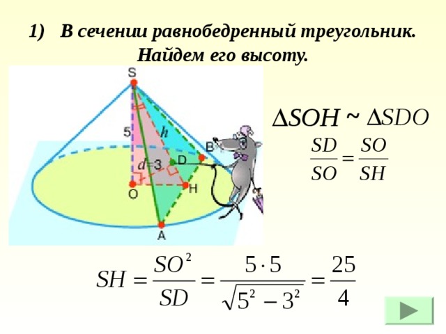 1) В сечении равнобедренный треугольник. Найдем его высоту. ~ 