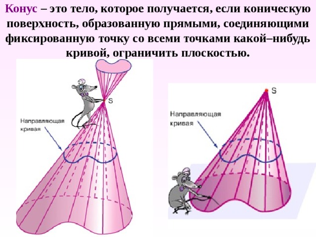 Конус – это тело, которое получается, если коническую поверхность, образованную прямыми, соединяющими фиксированную точку со всеми точками какой–нибудь кривой, ограничить плоскостью. 