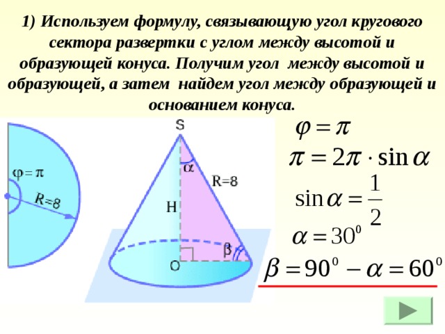 1) Используем формулу, связывающую угол кругового сектора развертки с углом между высотой и образующей конуса. Получим угол между высотой и образующей, а затем найдем угол между образующей и основанием конуса. 