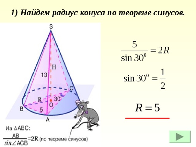 1) Найдем радиус конуса по теореме синусов. 