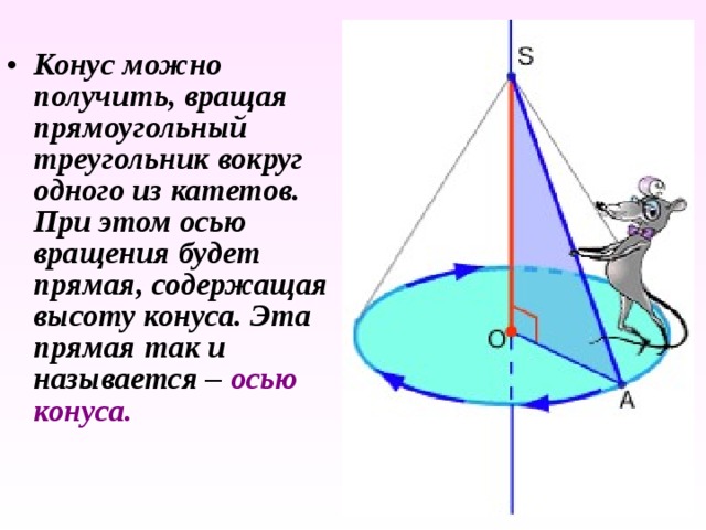 Конус можно получить, вращая прямоугольный треугольник вокруг одного из катетов. При этом осью вращения будет прямая, содержащая высоту конуса. Эта прямая так и называется – осью конуса. 