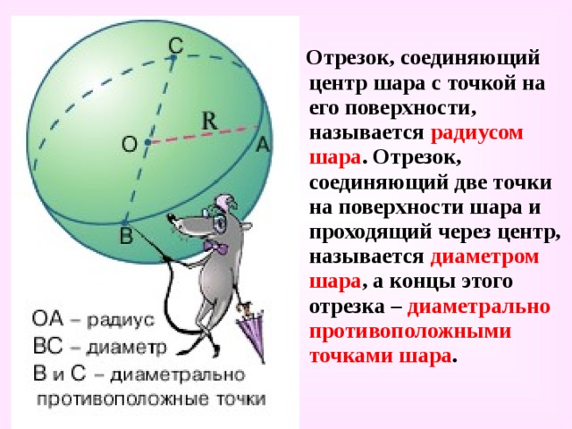  Отрезок, соединяющий центр шара с точкой на его поверхности, называется радиусом шара . Отрезок, соединяющий две точки на поверхности шара и проходящий через центр, называется диаметром шара , а концы этого отрезка – диаметрально противоположными точками шара . 