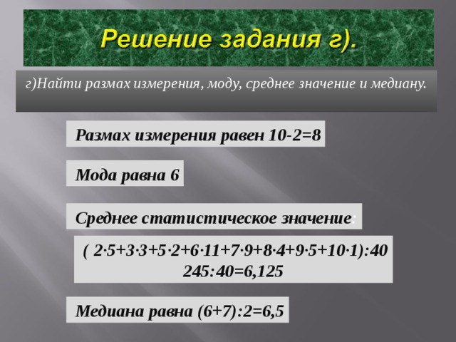г)Найти размах измерения, моду, среднее значение и медиану.   Размах измерения равен 10-2=8  Мода равна 6  Среднее статистическое значение :  ( 2∙5+3∙3+5∙2+6∙11+7∙9+8∙4+9∙5+10∙1):40 245:40=6,125  Медиана равна (6+7):2=6,5  