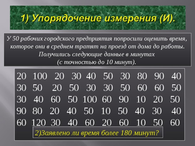 У 50 рабочих городского предприятия попросили оценить время, которое они в среднем тратят на проезд от дома до работы. Получились следующие данные в минутах (с точностью до 10 минут). 100 20 30 40 50 30 80 90 40 50 20 50 30 30 50 60 60 50 30 40 60 50 100 60 90 10 20 50 80 20 40 50 10 50 40 30 40 60 120 30 40 60 20 60 10 50 60 1)Заявлено ли время менее 10 минут?  2)Заявлено ли время более 180 минут?  