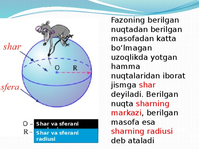 . Fazoning berilgan nuqtadan berilgan masofadan katta bo‘lmagan uzoqlikda yotgan hamma nuqtalaridan iborat jismga shar deyiladi. Berilgan nuqta sharning markazi , berilgan masofa esa sharning radiusi deb ataladi Shar va sferani markazi Shar va sferani radiusi 