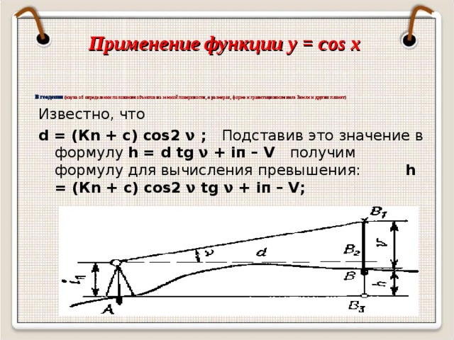 Применение функции y = cos x      В геодезии ( наука об определении положения объектов на земной поверхности, о размерах, форме и гравитационном поле Земли и других планет) Известно, что d = (Кn + с) cos2 ν ; Подставив это значение в формулу h = d tg ν + iп – V  получим формулу для вычисления превышения: h = (Кn + с) cos2 ν tg ν + iп – V;