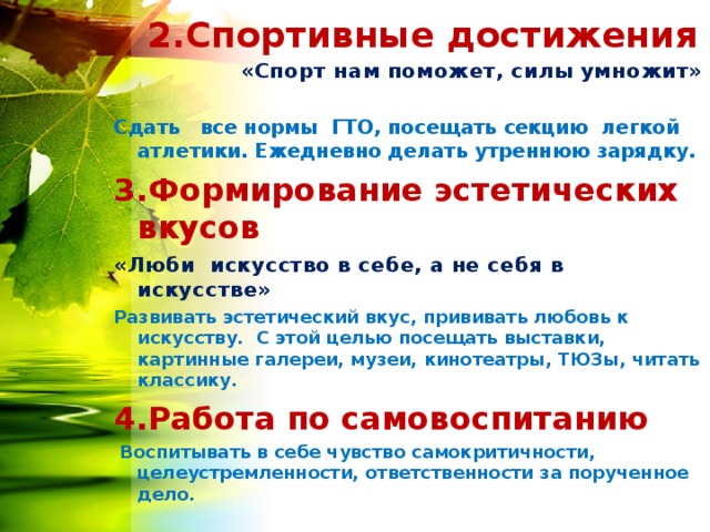  2.Спортивные достижения «Спорт нам поможет, силы умножит»  Сдать все нормы ГТО, посещать секцию легкой атлетики. Ежедневно делать утреннюю зарядку. 3.Формирование эстетических вкусов «Люби искусство в себе, а не себя в искусстве» Развивать эстетический вкус, прививать любовь к искусству. С этой целью посещать выставки, картинные галереи, музеи, кинотеатры, ТЮЗы, читать классику. 4.Работа по самовоспитанию  Воспитывать в себе чувство самокритичности, целеустремленности, ответственности за порученное дело. 