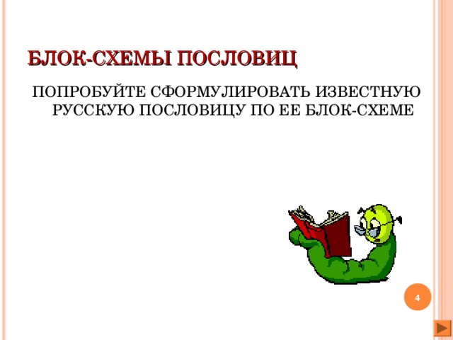 БЛОК-СХЕМЫ ПОСЛОВИЦ ПОПРОБУЙТЕ СФОРМУЛИРОВАТЬ ИЗВЕСТНУЮ РУССКУЮ ПОСЛОВИЦУ ПО ЕЕ БЛОК-СХЕМЕ  