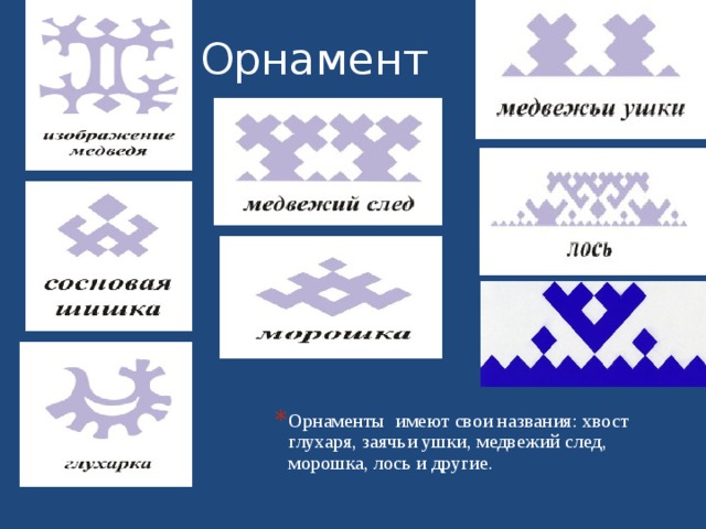 Орнамент Орнаменты имеют свои названия: хвост глухаря, заячьи ушки, медвежий след, морошка, лось и другие. 