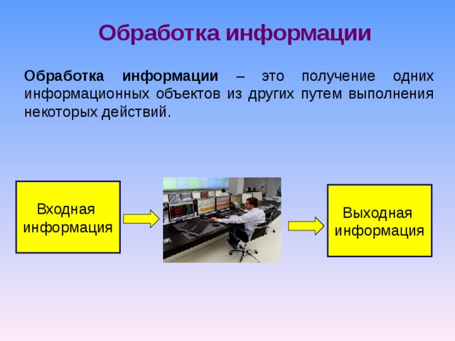 Обработка информации Обработка информации – это получение одних информационных объектов из других путем выполнения некоторых действий.             Входная информация Выходная информация 