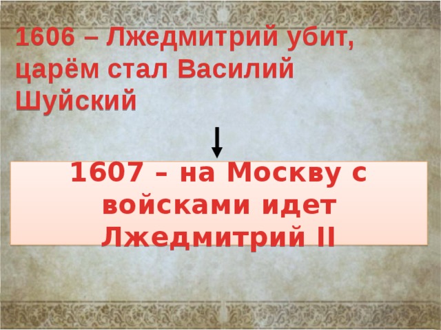 1606 – Лжедмитрий убит, царём стал Василий Шуйский 1607 – на Москву с войсками идет Лжедмитрий II 