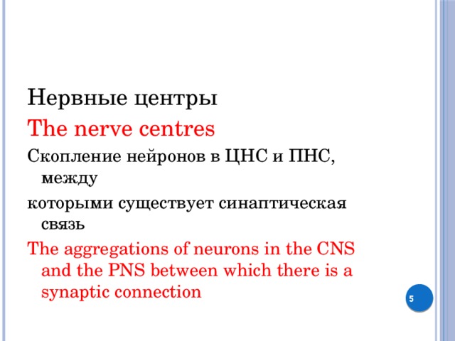 Нервные центры The nerve centres Скопление нейронов в ЦНС и ПНС, между которыми существует синаптическая связь The aggregations of neurons in the CNS and the PNS between which there is a synaptic connection  