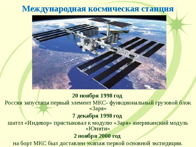 Международная космическая станция 20 ноября 1998 год  Россия запустила первый элемент МКС- функциональный грузовой блок «Заря» 7 декабря 1998 год  шаттл «Индевор» пристыковал к модулю «Заря» американский модуль «Юнити» 2 ноября 2000 год  на борт МКС был доставлен экипаж первой основной экспедиции. 