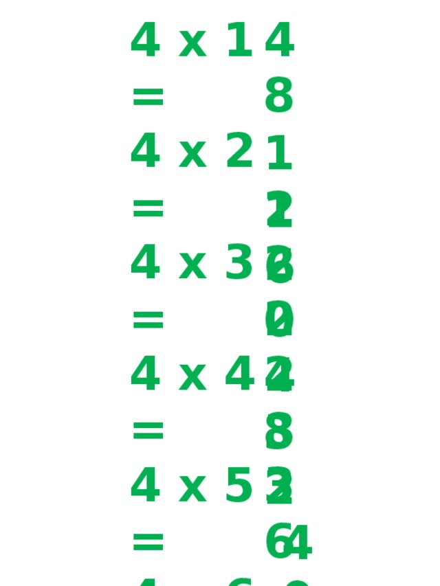 4 х 1 = 4 х 2 = 4 х 3 = 4 х 4 = 4 х 5 = 4 х 6 = 4 х 7 = 4 х 8 = 4 х 9 = 4 х 10 = 4 8 12 16 20 24 28 32 36 40 