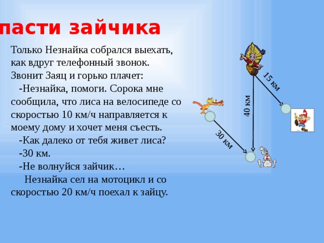 15 км 40 км 30 км Спасти зайчика Только Незнайка собрался выехать, как вдруг телефонный звонок. Звонит Заяц и горько плачет:     -Незнайка, помоги. Сорока мне сообщила, что лиса на велосипеде со скоростью 10 км/ч направляется к моему дому и хочет меня съесть.     -Как далеко от тебя живет лиса?     -30 км.     -Не волнуйся зайчик…       Незнайка сел на мотоцикл и со скоростью 20 км/ч поехал к зайцу. 