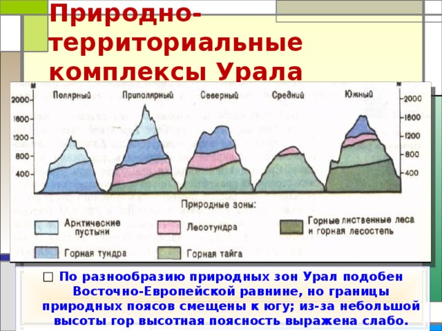 Природно-территориальные комплексы Урала По разнообразию природных зон Урал подобен Восточно-Европейской равнине, но границы природных поясов смещены к югу; из-за небольшой высоты гор высотная поясность выражена слабо. 