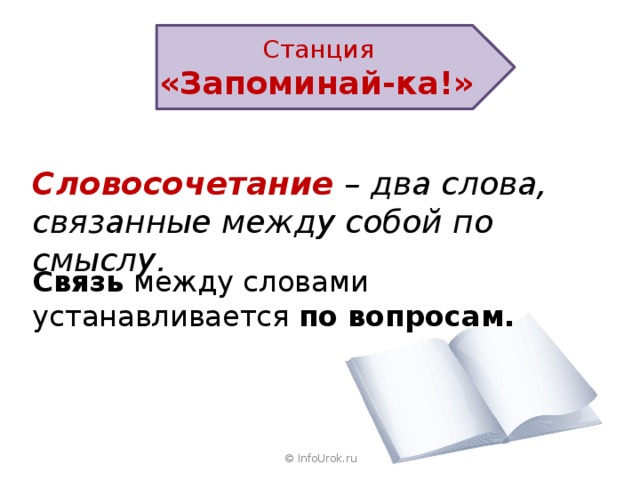 Станция «Запоминай-ка!» Словосочетание – два слова, связанные между собой по смыслу. Связь между словами устанавливается по вопросам. © InfoUrok.ru 