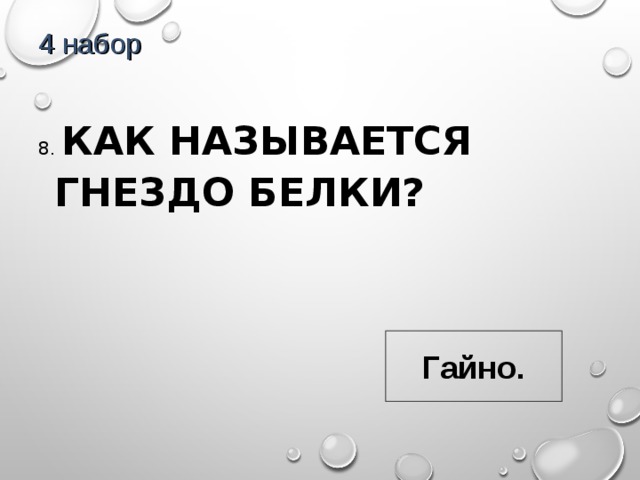 4 набор 8. КАК НАЗЫВАЕТСЯ ГНЕЗДО БЕЛКИ? Гайно. 