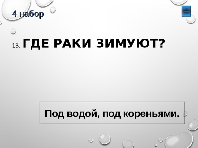 4 набор 13. ГДЕ РАКИ ЗИМУЮТ? Под водой, под кореньями. 