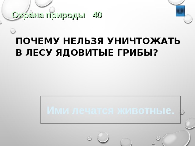 Охрана природы 40  ПОЧЕМУ НЕЛЬЗЯ УНИЧТОЖАТЬ В ЛЕСУ ЯДОВИТЫЕ ГРИБЫ? Ими лечатся животные. 