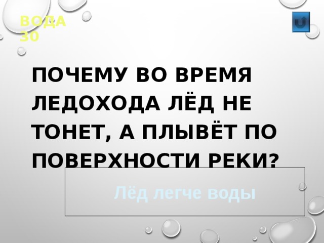 ВОДА 30  ПОЧЕМУ ВО ВРЕМЯ ЛЕДОХОДА ЛЁД НЕ ТОНЕТ, А ПЛЫВЁТ ПО ПОВЕРХНОСТИ РЕКИ? Лёд легче воды 