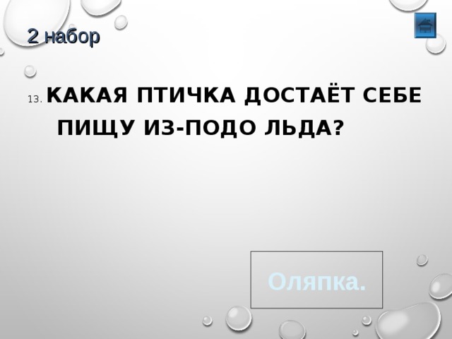 2 набор 13. КАКАЯ ПТИЧКА ДОСТАЁТ СЕБЕ  ПИЩУ ИЗ-ПОДО ЛЬДА? Оляпка. 