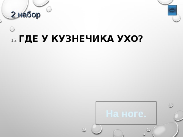 2 набор 15. ГДЕ У КУЗНЕЧИКА УХО? На ноге. 