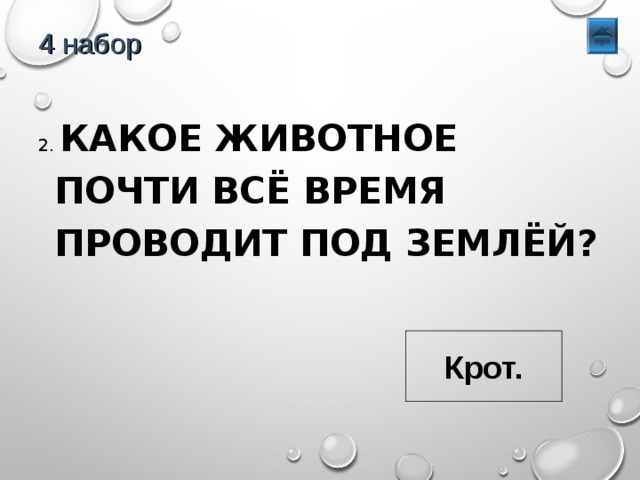 4 набор 2. КАКОЕ ЖИВОТНОЕ ПОЧТИ ВСЁ ВРЕМЯ ПРОВОДИТ ПОД ЗЕМЛЁЙ? Крот. 