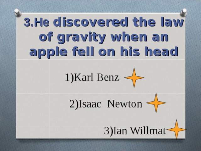 3.Не discovered the law of gravity when an apple fell on his head 1) Karl Benz   2)Isaac Newton   3)Ian Willmat