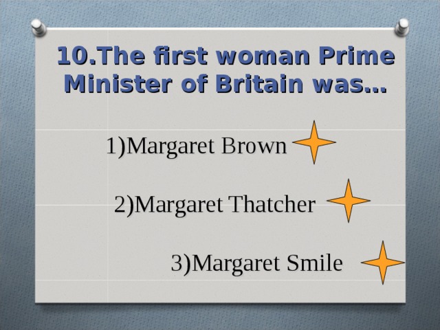 10.The first woman Prime Minister of Britain was… 1)Margaret Brown   2)Margaret Thatcher   3)Margaret Smile